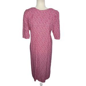 VINTAGE 90s pink dress abstract floral‎ puff sleeve button back rayon midi M